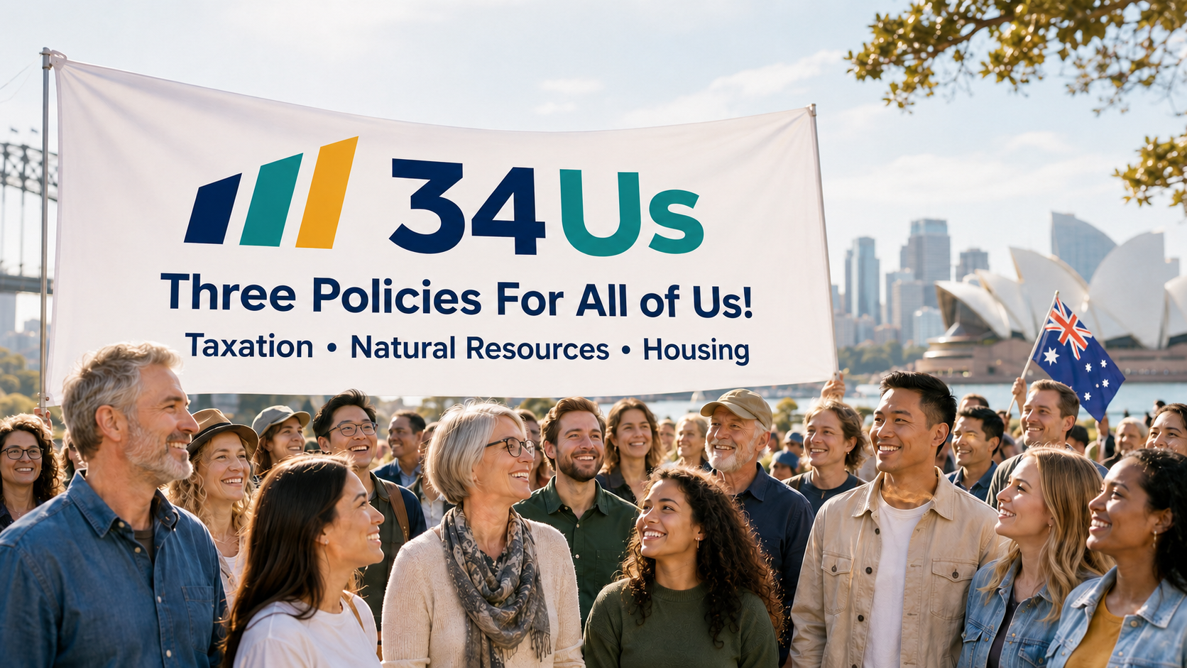 Supporters of 34Us.org holding a banner: Three Policies For All of Us